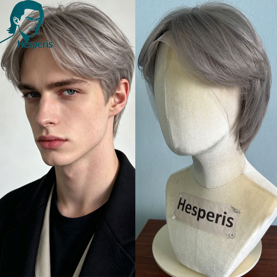 Pre Parted 13X4 Lace Front Bob Wig - Peruca Masculina Hesperis Remy Brasileira Cinza