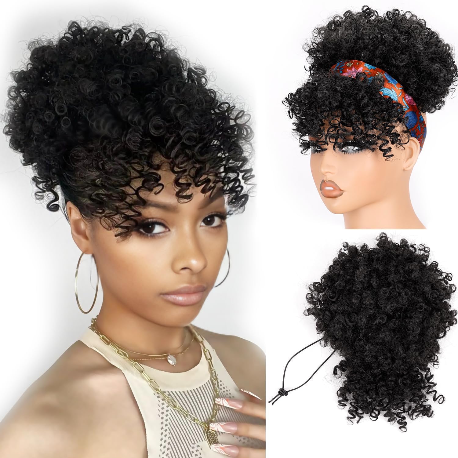 Drawstring Afro Curly Puff Ponytail - Rabo de Cavalo Curto com Franja