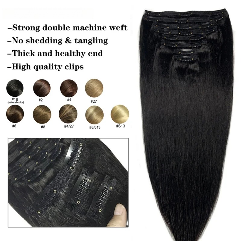 Grampo reto natural em extensõ - Seamless Clip In Hair Extensions Human Hair avaliação e preço